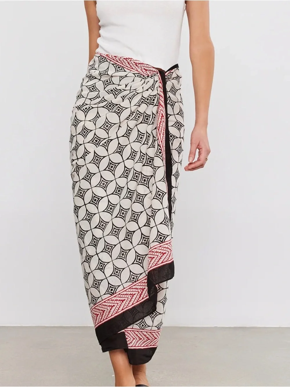 Printed Black & Cream Wrap Skirt with Red Trim - Picture 4 of 6
